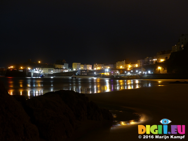 FZ026184 Reflection of Tenby lights in beach